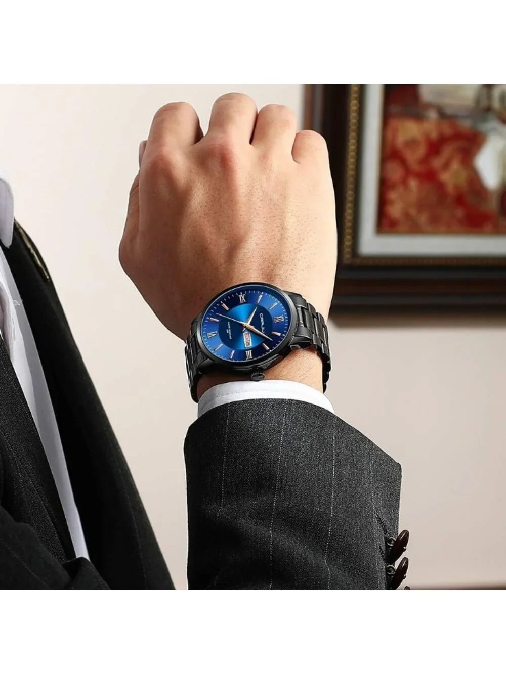 Men's Black Blue Luxury Stainless Steel Chronograph Analog Quartz Round Watch